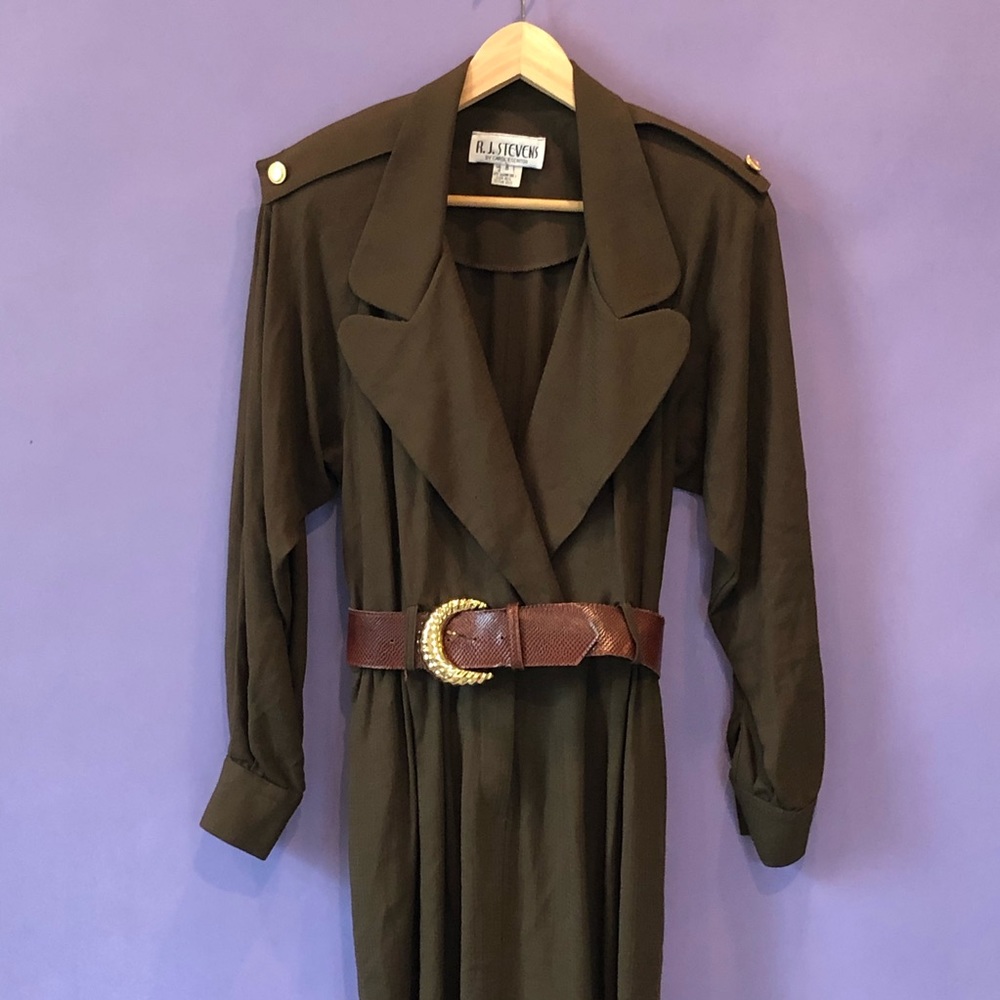 Vtg R.J Stevens Green A-Line Belted Career Dress